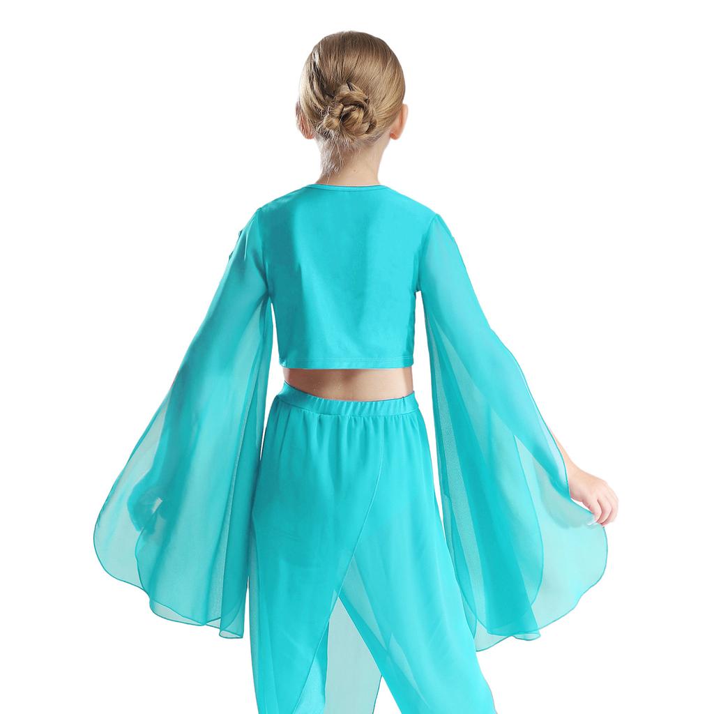 Girls Classical Dance Crop Top: V Neck Split Flared Sleeves Elegant Top for Practice Performance