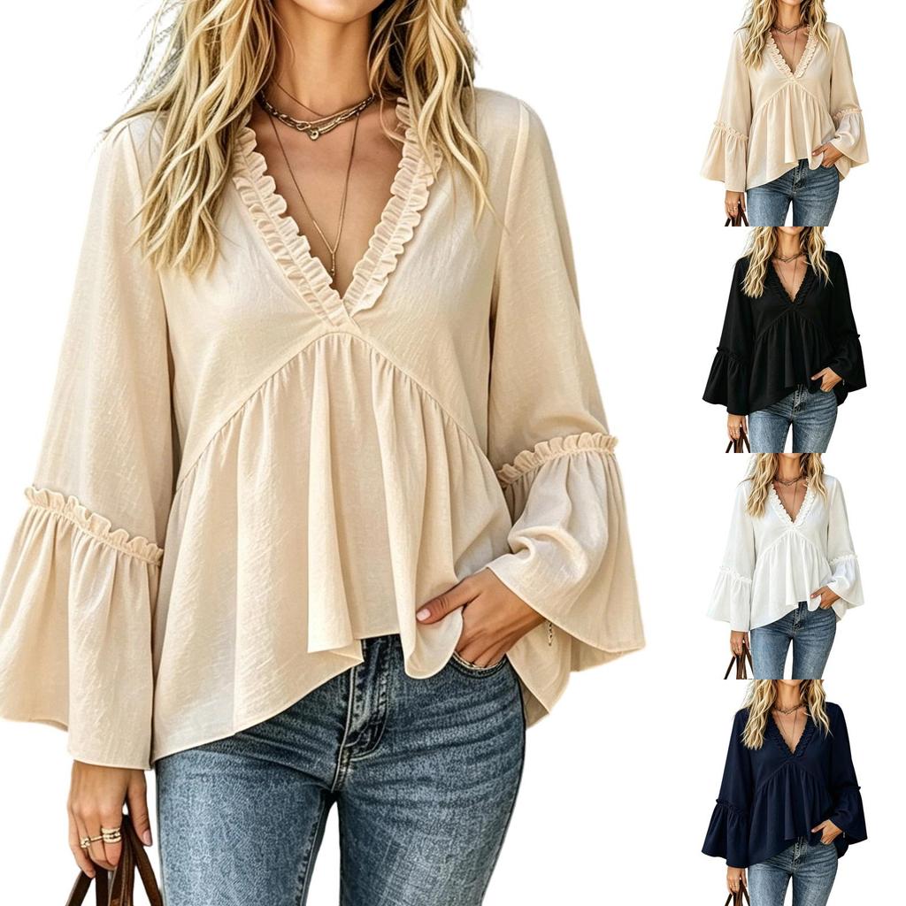 Top Blusa Casual da Donna a Manica a Campana Scollo a V con Volant