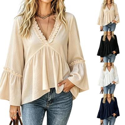 Damen Freizeit Bluse Top Lockerer Schnitt Glockenärmel V-Ausschnitt Rüschen
