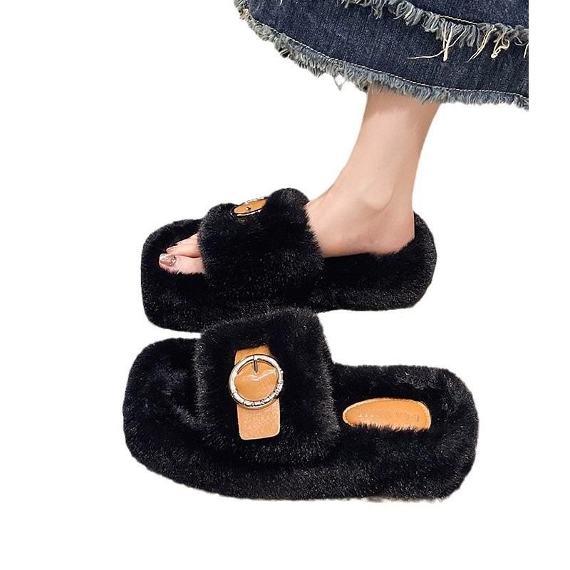 Winter neue quadratische Zehenpartie dicker Boden Oberbekleidung Samt Ein-Wort-Slipper Mode Gürtelschnalle große Größe flauschige Hausschuhe Damen