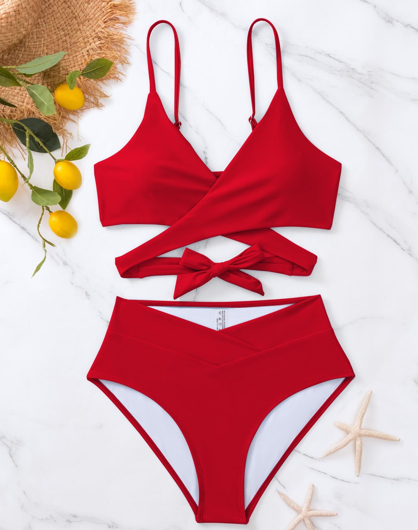 

Женский купальник, однотонный, с v-образным вырезом, сексуальный, с завязками на спине, с высокой талией, бикини, пляжная одежда, купальные костюмы, разноцветный M красный