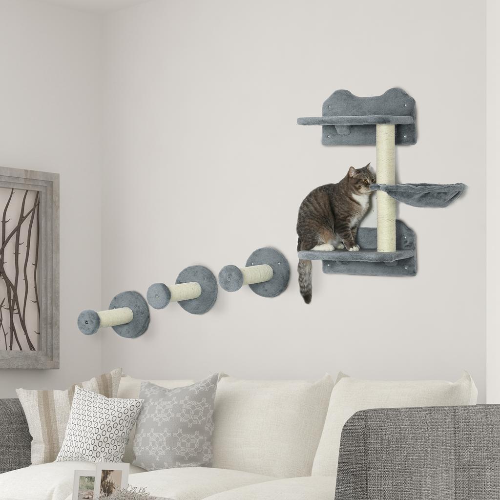 4 Piece Cat Shelf with Scratching Post, Wall-Mounted Cat Tree for Indoor Cat - Grey