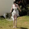 2026 European and American French lady style temperament ruffle leaf edge three-dimensional flower streamer irregular dress waist skirt