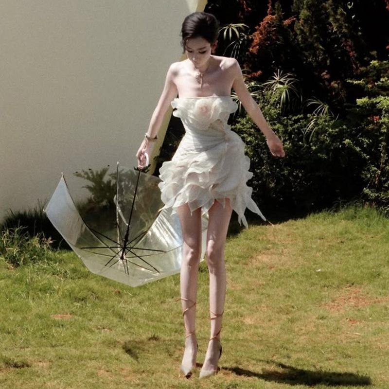 2026 European and American French lady style temperament ruffle leaf edge three-dimensional flower streamer irregular dress waist skirt