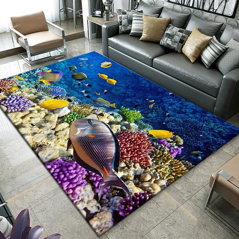Living Room Large Carpet 3D Visual Printing Underwater World Coral Fish School Pattern Rug Bedroom Dining Room Non Slip Mat