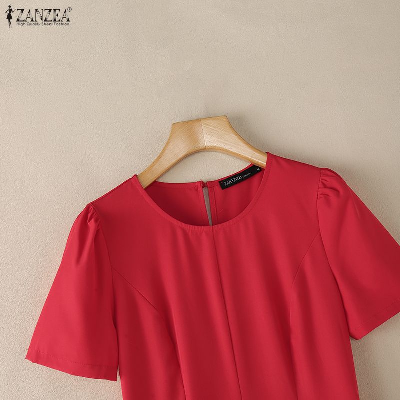 ZANZEA Women Casual Round Neck Solid Color Loose Short Sleeve Dress