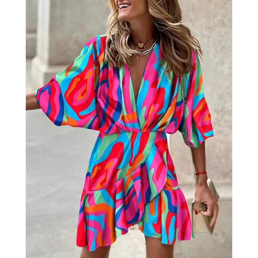 Women's V Neck Short Sleeve Midi Dress Loose Fit Casual Irregular Hem Gown