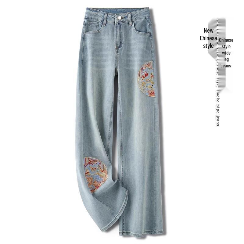 

Women s Retro Chinese Style Wide-Leg Embroidered Jeans L (106-116 jin)
