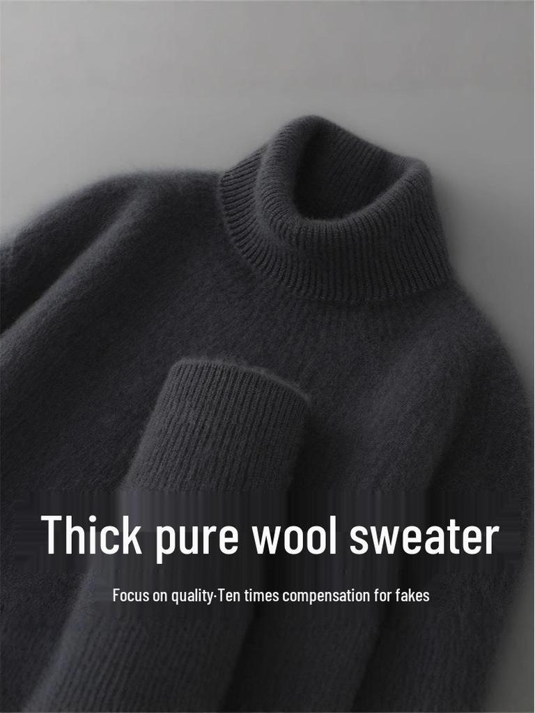 Men's High-Neck 100% Pure Wool Sweater: Thick Long-Sleeve Pullover for Autumn/Winter, Loose Fit Knitted Base Layer.