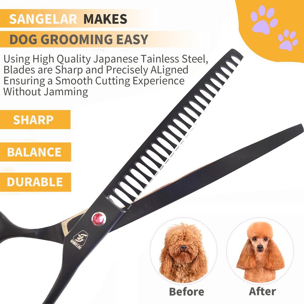 Sangelar 8 inch,7 inch Pet Scissors Set Professional Pet Grooming Big Scissors Set Cutting Shear Thinning Scissors 20%-50% Hair Loss Curved Scissors