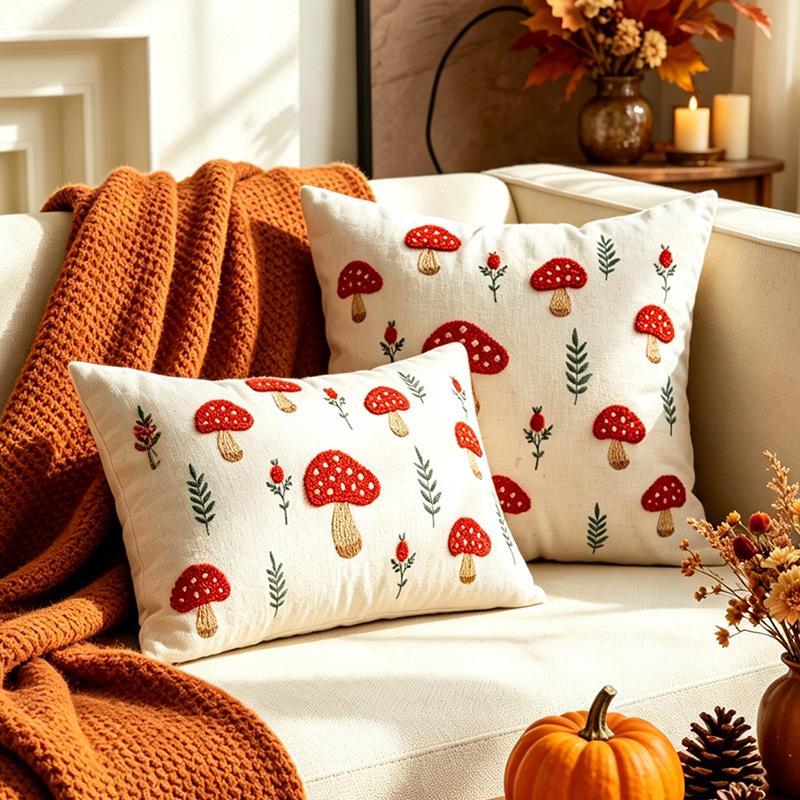 Federa Cuscino Autunnale con Funghi e Foglie d'Acero 3D Goffrati Cotone Lino Quadrata Lombare Decorazione Retrò Copricuscino per Divano 45x45cm