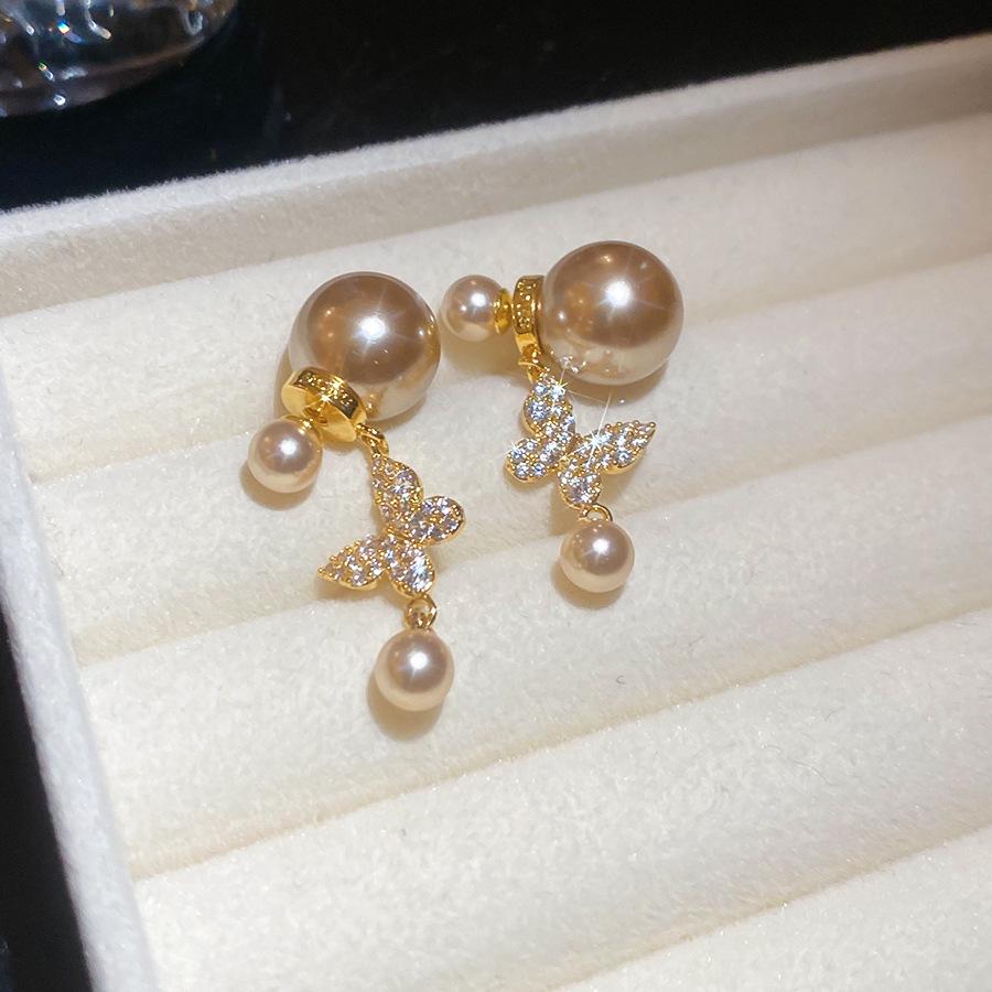 Gold-Plated Zircon Butterfly Pearl Tassel Earrings - French Court Style
