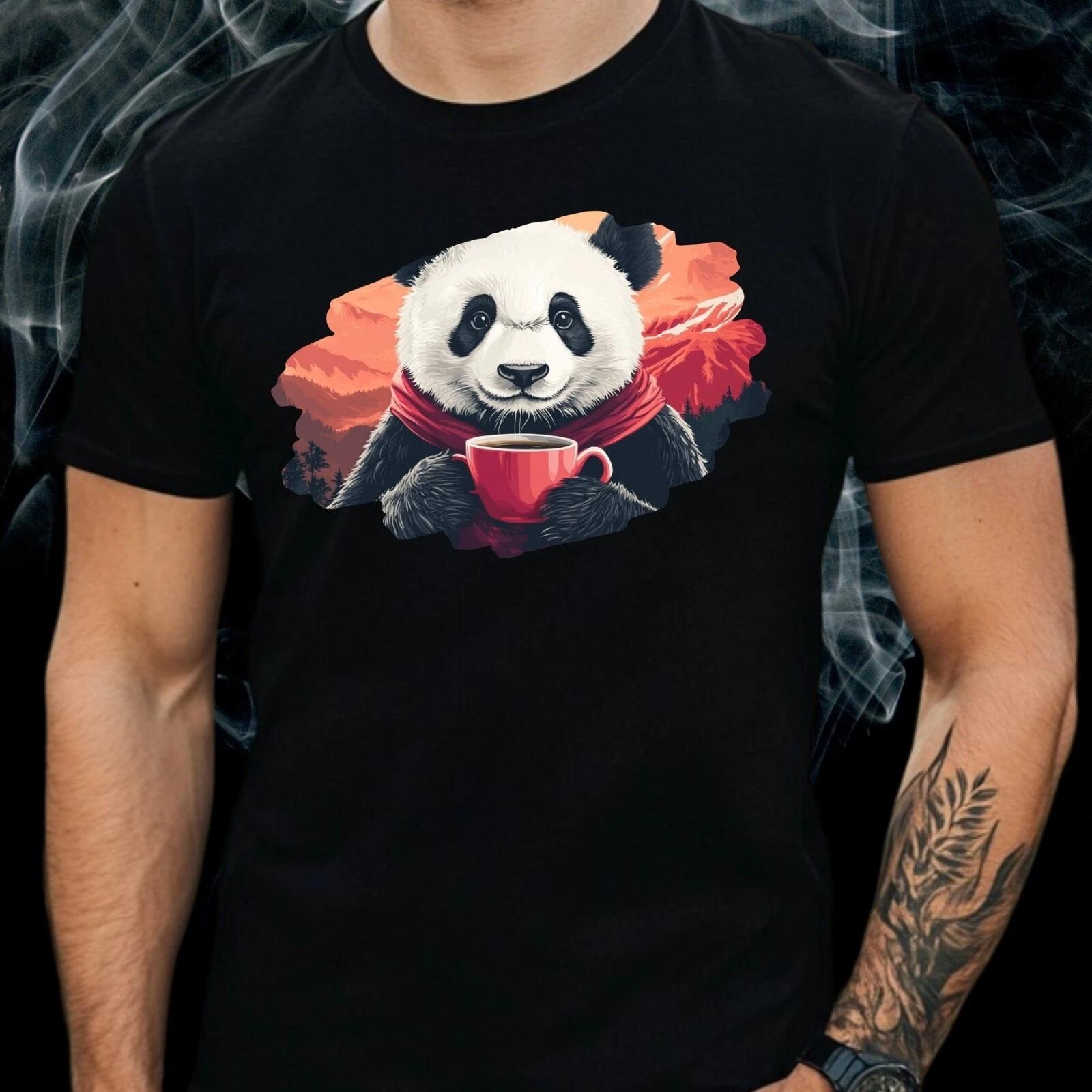 T-Shirt Herren Panda trinkt Kaffee Motiv Baumwolle Größe S bis 5XL L