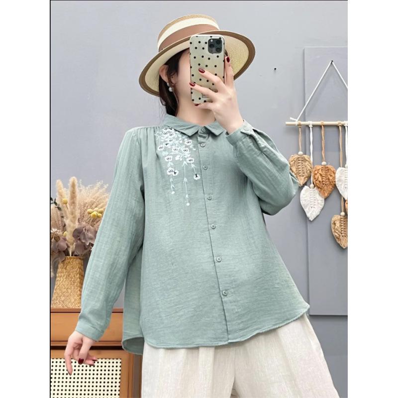 Spring 2026 Women's Embroidered Double Gauze Long Sleeve Casual Shirt with Lapel