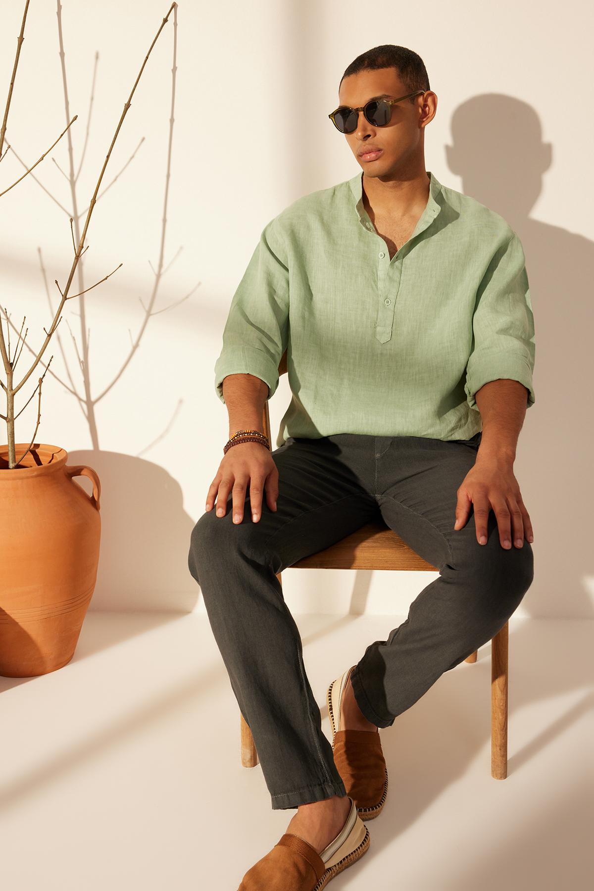 

Men s Fashion New Shirt Mint Limited Edition 100% Linen Regular Collar Half Placket Shirt L м ятний