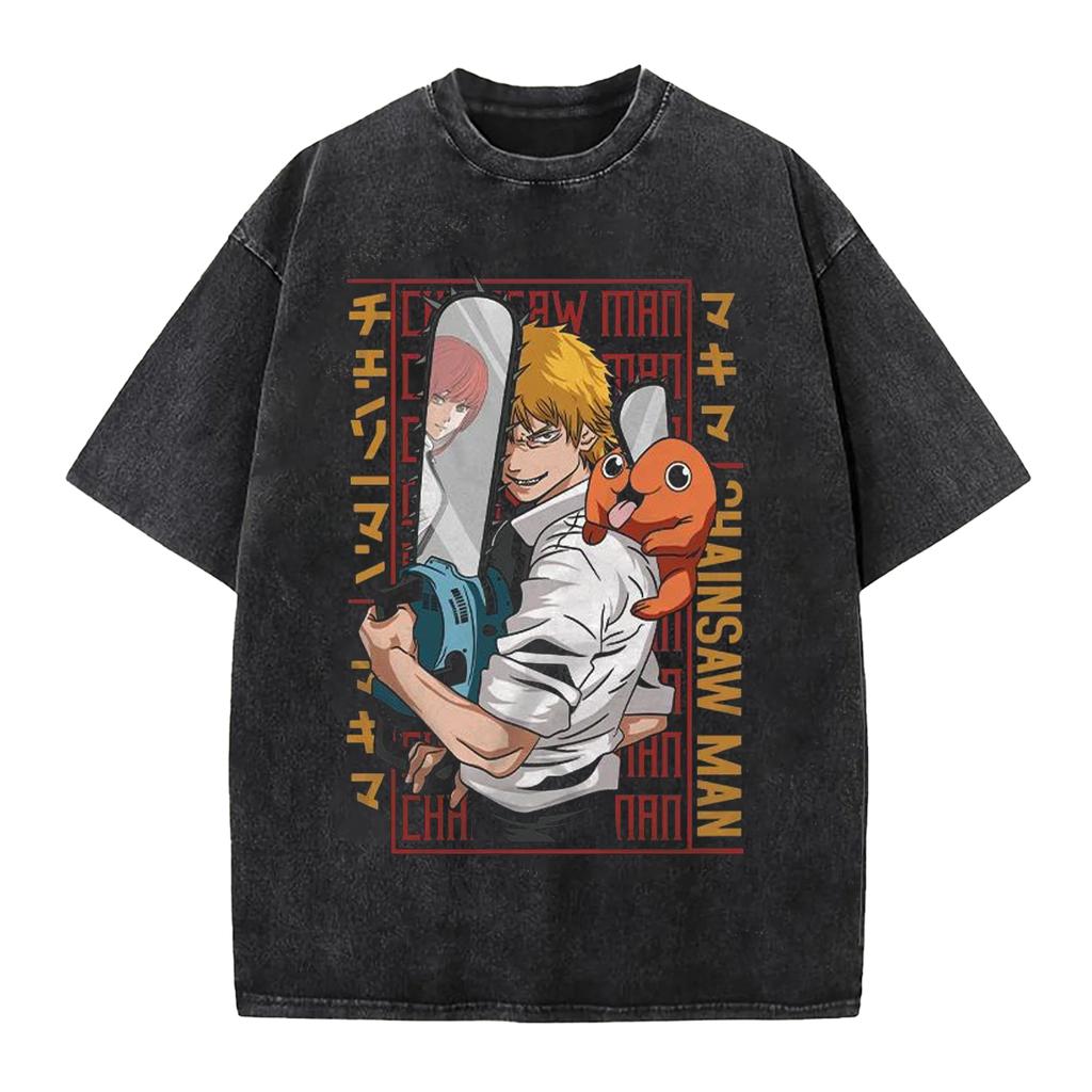 Chainsaw Man Anime Graphic T-Shirt Retro Washed Black Cotton Short Sleeve Men Casual Printed Top Manga Fashion