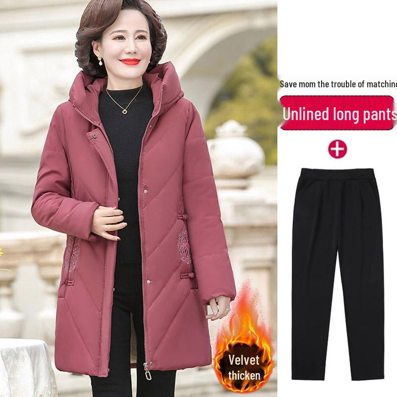 Red Mid-Length Winter Jacket for Middle-Aged and Elderly Women - Thick, Cotton-Padded, Suitable for Spring and Autumn