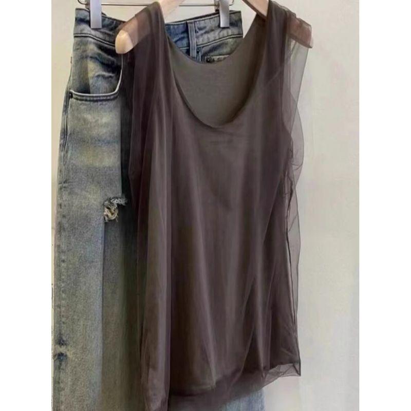 Awesome X Goods Burst! Brown High Cotton and Linen Mesh Vest Tops Women's Summer 2024 Sleeveless Inner Match Small Shirt