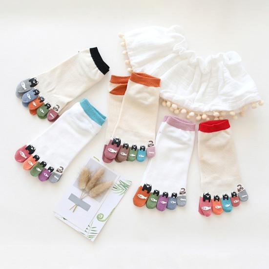 Women Cotton Toe Socks Cartoon Cat Fish Design Five Finger Socks Casual No Show Athletic Running Crew Socks