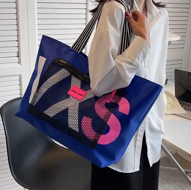 

Брендовая женская сумка большой вместимости, сумка-тоут с буквенным принтом, нейлоновая водонепроницаемая пляжная сумка на плечо, дорожные сумки для покупок, сумки синий