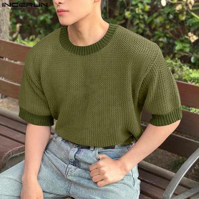 Summer Men O-Neck Short Sleeve Stitching Texture Hollow Casual Loose Tops T-shirts