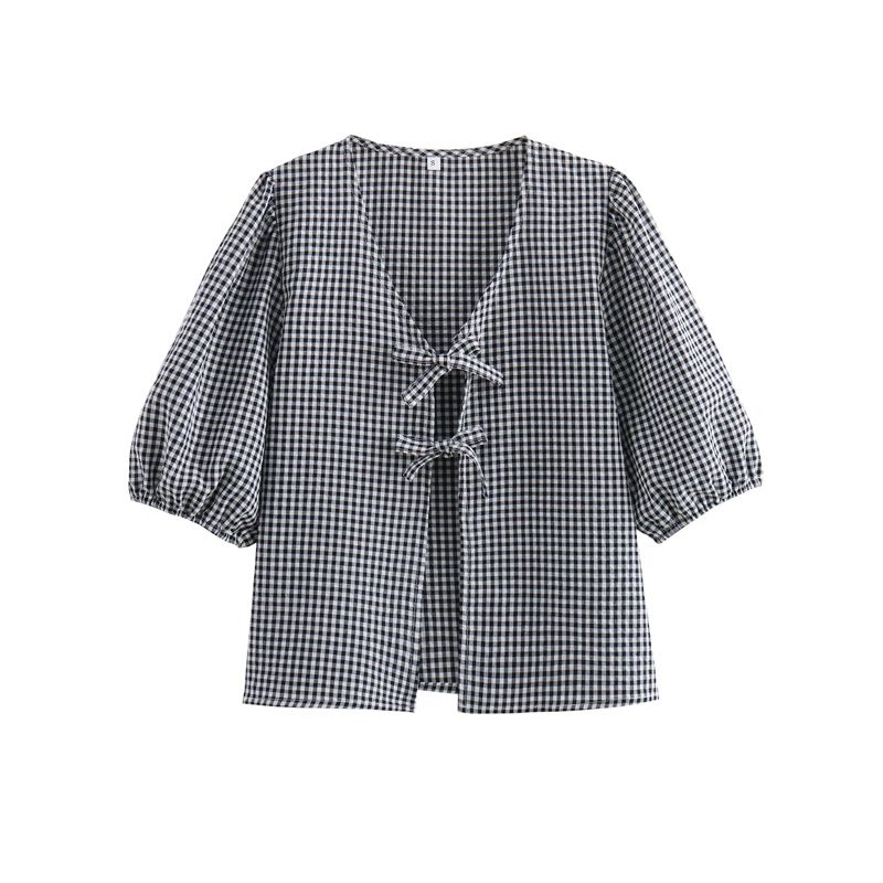 Spring New French Sweet Fashion V-neck Puff Sleeve Plaid Knotted Tops High Waist Casual Shorts