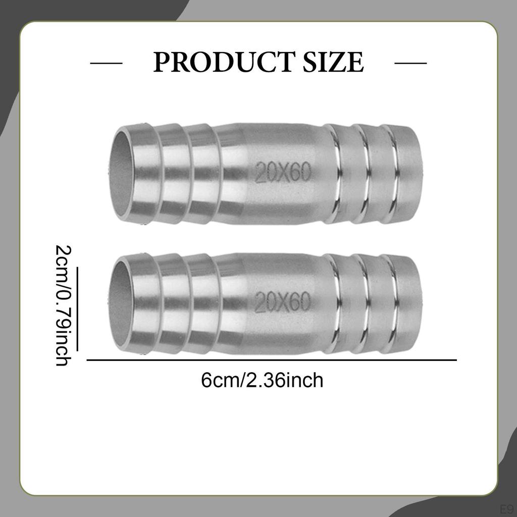 2 Pieces Barb Splicer Mender Hose Connector Barbed Straight Watertight Stainless Steel for Water