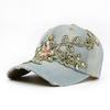 Denim Floral Rhinestone Baseball Cap for Women, Distressed Vintage Adjustable Sun Hat
