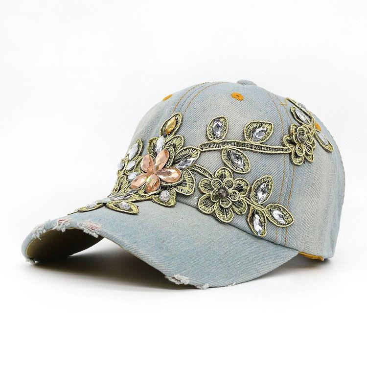 Denim Floral Rhinestone Baseball Cap for Women, Distressed Vintage Adjustable Sun Hat