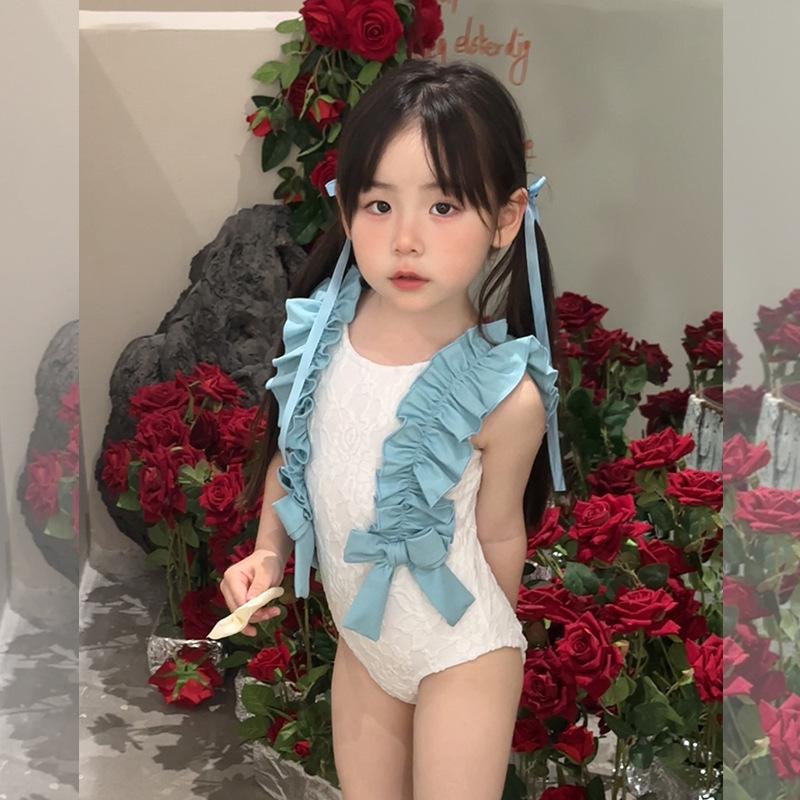 Girls' Mori Style Two-Tone Lace Romper with Bow