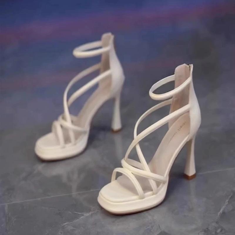 

Design waterproof table high heels summer square head rear zipper bag heel banquet shoes stiletto sandals women 34