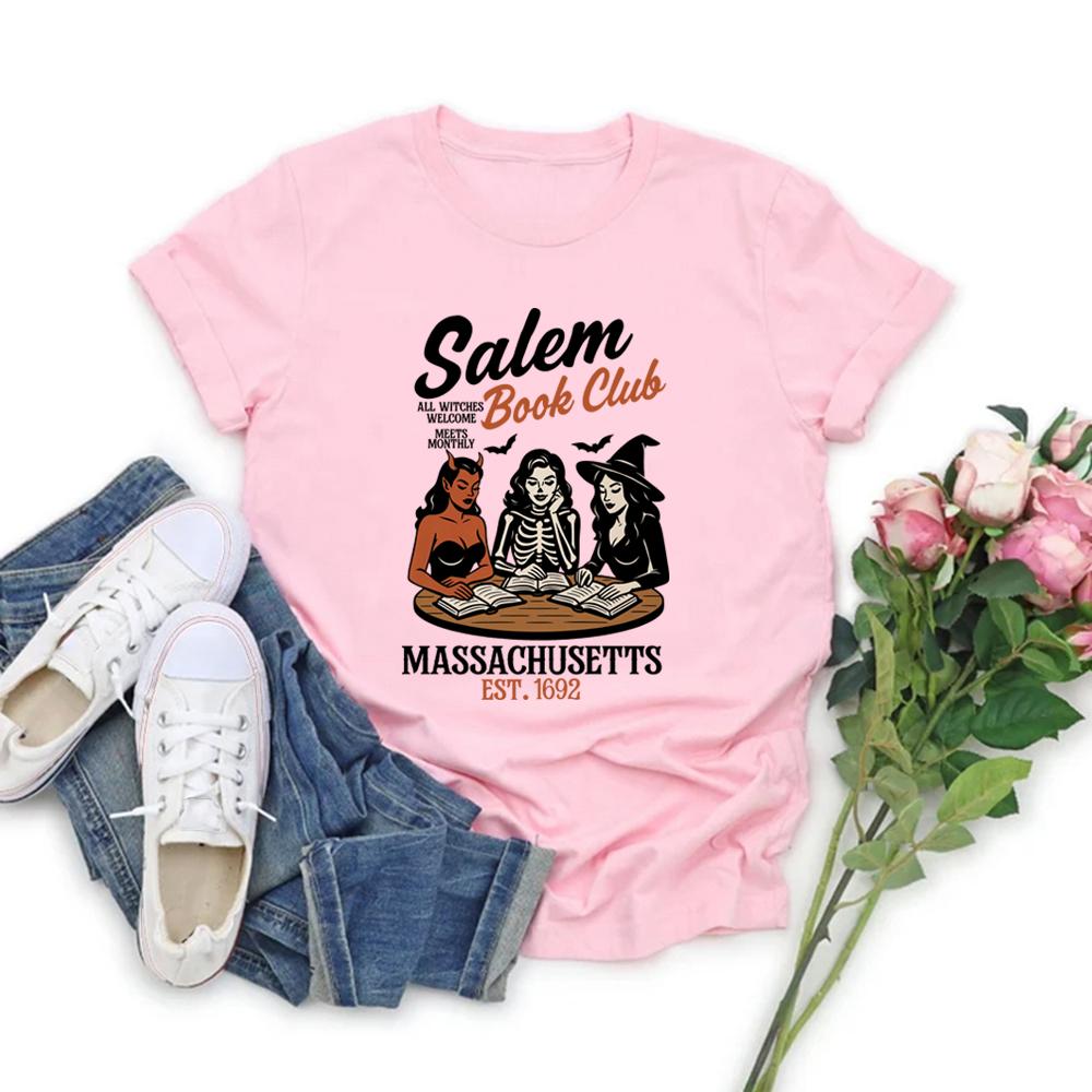 Witchy Book Club T-Shirt Spooky Girl Reading Tshirt Book Lover Halloween T-shirt Casual Women Graphic T Shirts Witches Salem Tee