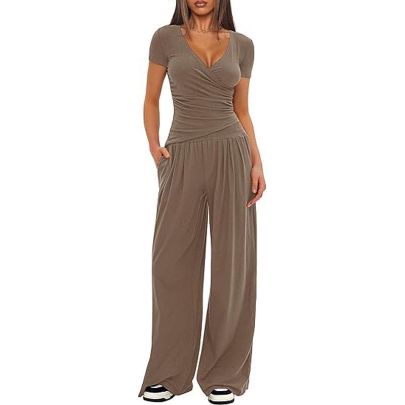 Women Casual Solid Loose Wide Leg Pants And Top Two Piece Set