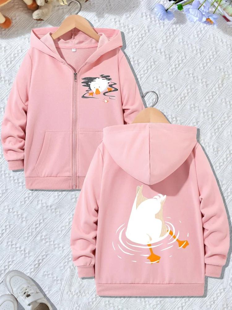 Kids Zip Up Hooded Jacket Funny Upside Down White Duck Water Ripple Graphic Long Sleeve Casual Outerwear For Boys Girls