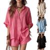 Women Summer Two Piece Outfit Casual Short Sleeve Button Down Shirt And Shorts Casual Lounge Sets with Pockets