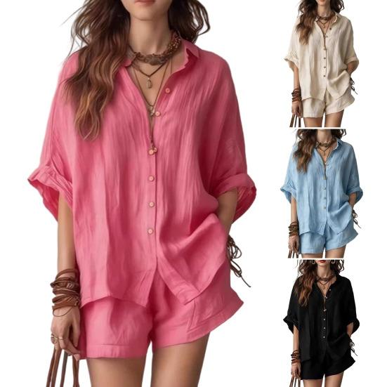 Women Summer Two Piece Outfit Casual Short Sleeve Button Down Shirt And Shorts Casual Lounge Sets with Pockets