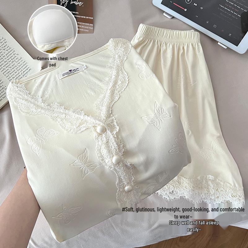 Women's Summer Tencel Cotton Pajama Set with Bra: New 2025 Short Sleeve Three-Piece Loungewear.