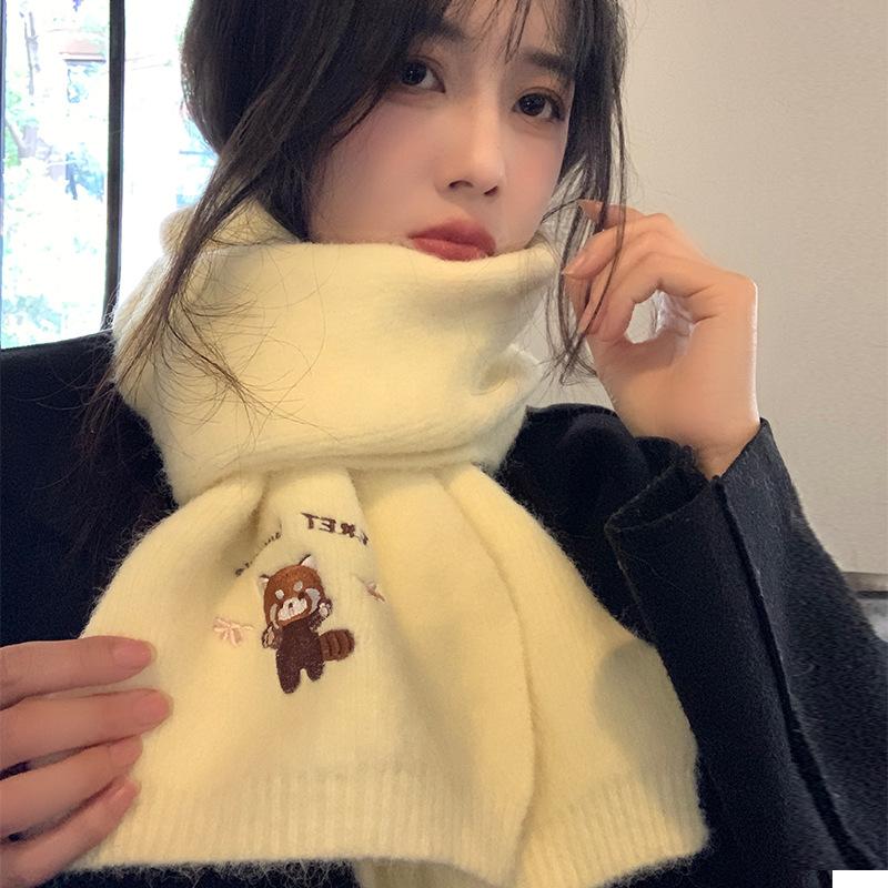 Cute little raccoon embroidered scarf female autumn and winter student couple fashionable versatile warm and cold knitted scarf