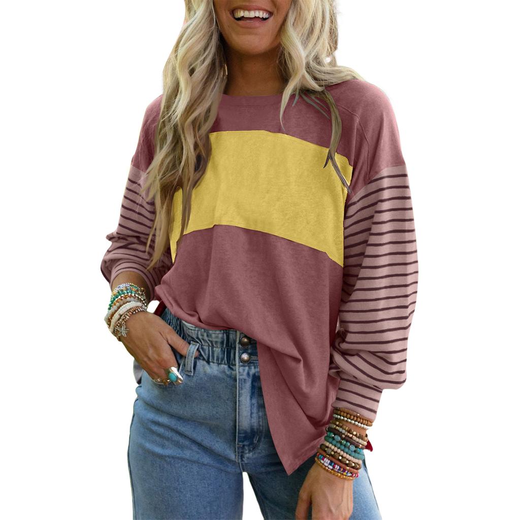 Women's Casual Loose Pullover Striped Contrast Color Long,sleeved T,shirt