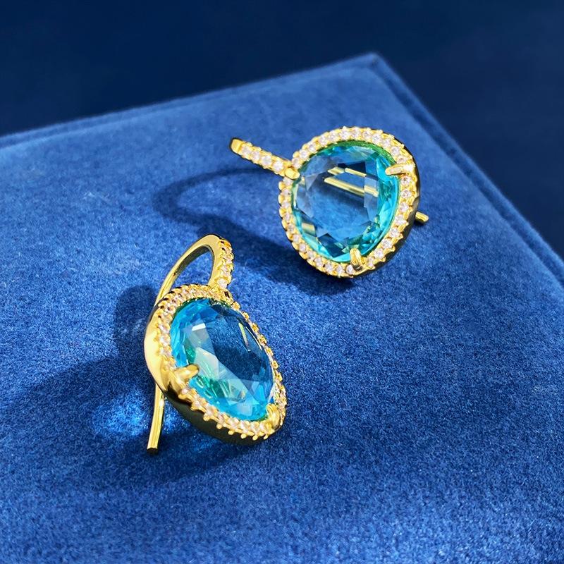 Natural Artificial Crystal Blue Transparent Gemstone Wind Triangle Earrings, Ear Hooks, Fashion Light Luxury Earrings, Women'S Cold Wind