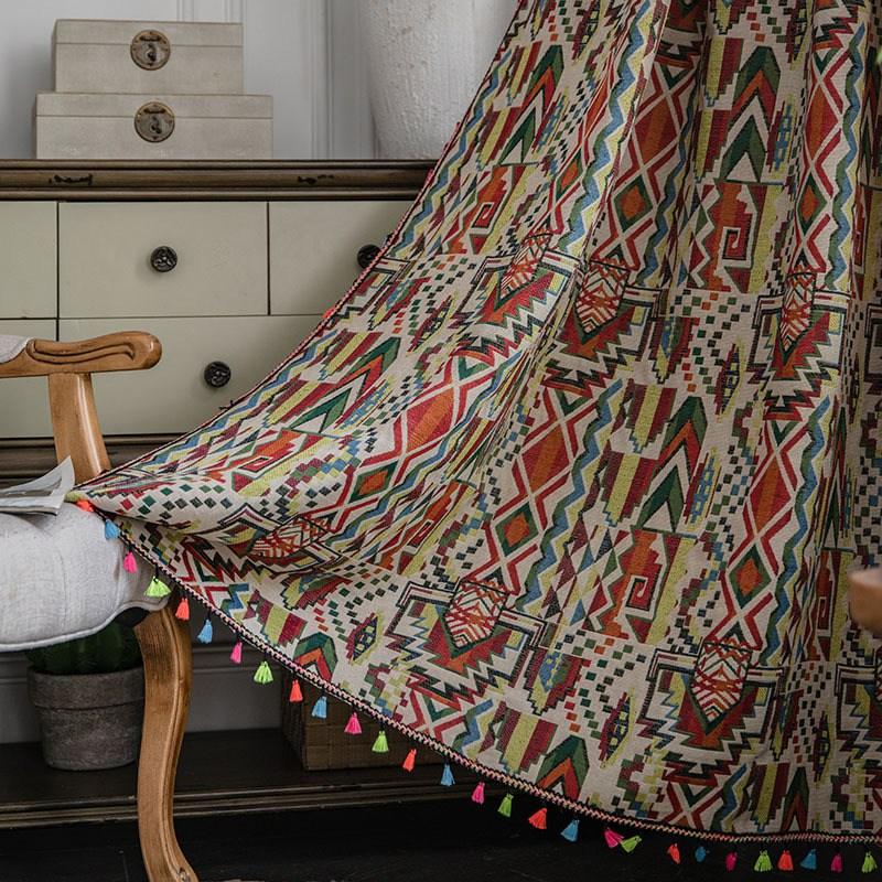 

Bohemia Cotton Linen Curtain with Colorful Fringe Geometry Semi-shading Home Decor Thick Kitchen Short Curtain for Living Room W150 x H160cm&Threading Rod