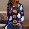 Women's Fashion Long Sleeve Neck Top with Hem Slit Halloween Print for Party