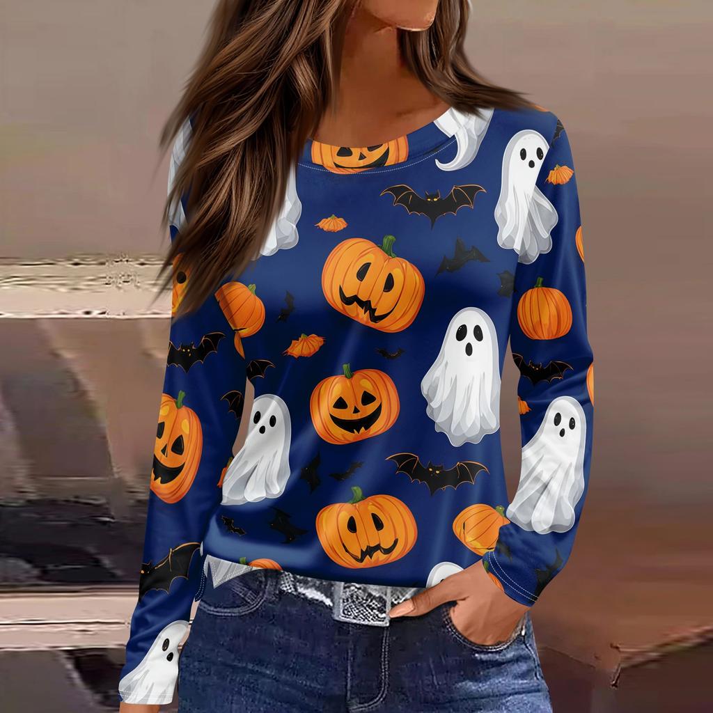 Women's Fashion Long Sleeve Neck Top with Hem Slit Halloween Print for Party