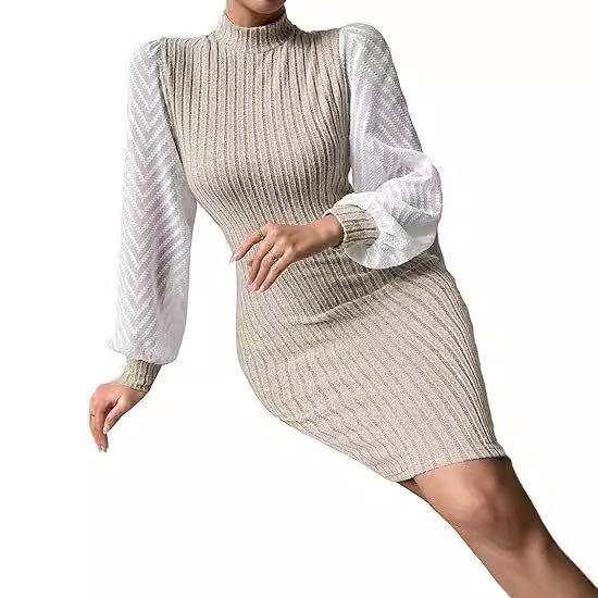 Women's High Neck Ribbed Knit Long Sleeve Bodycon Mini Dress