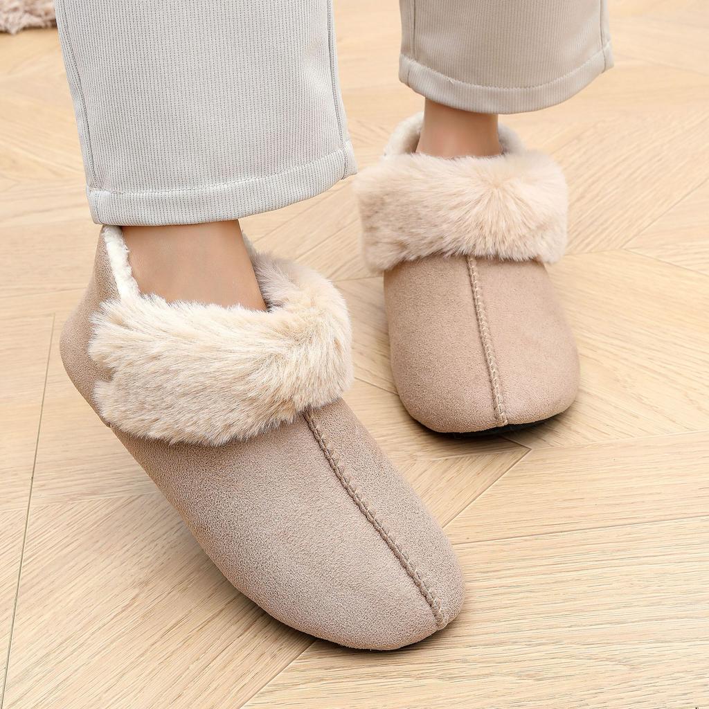 Warm Fur-covered Cotton Slippers with Velvet and Non-slip Home Cotton Shoes for Women In Winter with Thin Soles and Indoor Short Boots