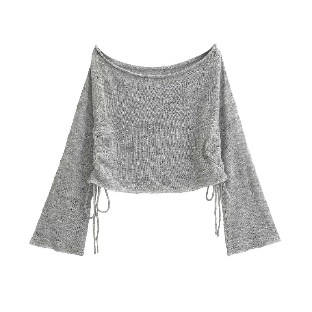 

Spicy Girl Pleated Off-Shoulder Knit Cardigan: Lightweight, Sheer, Sun-Protective Long Sleeve for Spring/Summer. Small світло-сірий колір