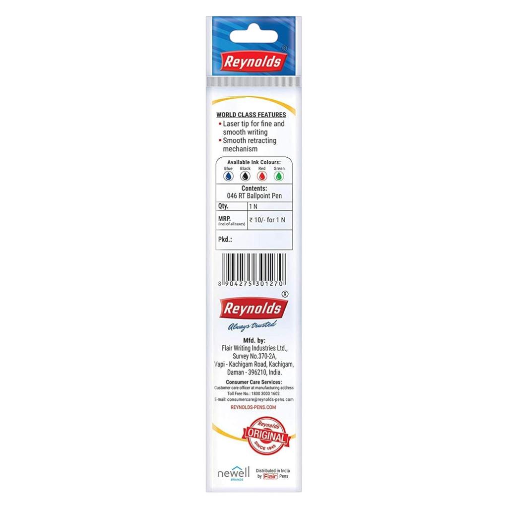 REYNOLDS 046 Retractable Ball Pens Blue Ink 0.7mm Fine Tip Pack of 1 X  10 Pcs for Office, School & Home