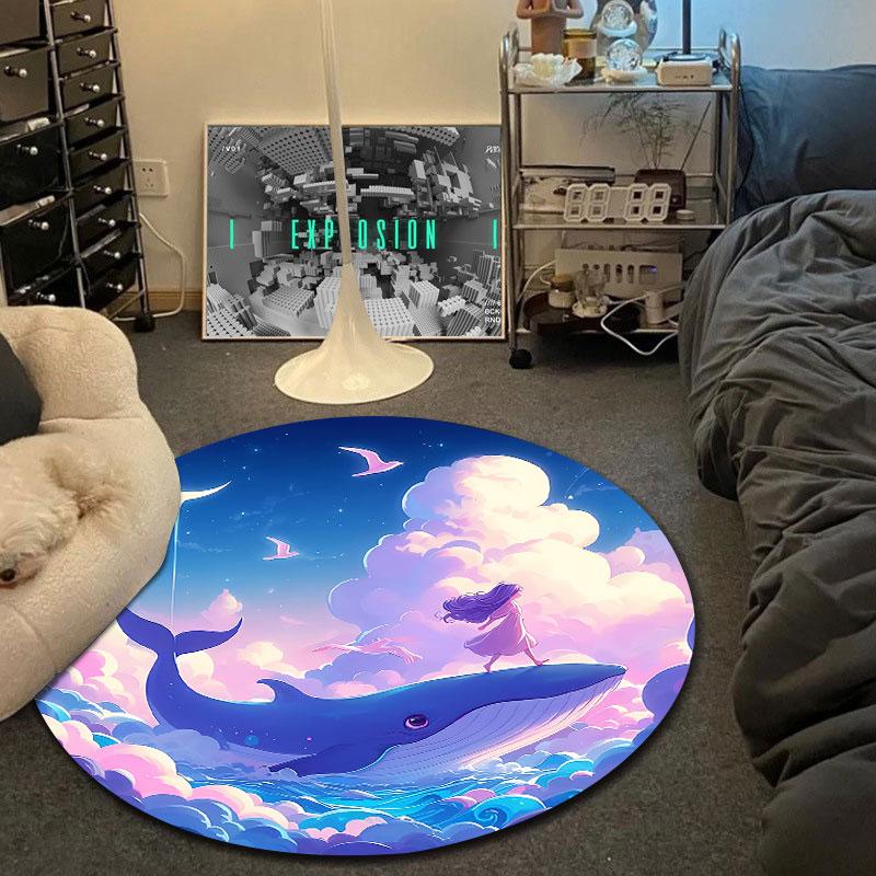 Eclectic Round Japanese Multicolor Accent Rug, Non-Slip Floor Mat for Laundry Room