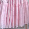Mori Girl Spring Summer Women Pink Midi Skirt Elastic Waist Embroidery Sweet Chic Skirt Hollow Out Elegant Feminine Skirts