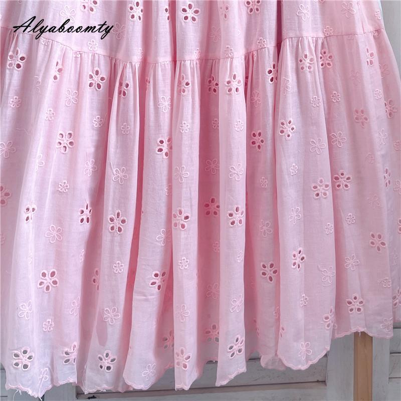 Mori Girl Spring Summer Women Pink Midi Skirt Elastic Waist Embroidery Sweet Chic Skirt Hollow Out Elegant Feminine Skirts